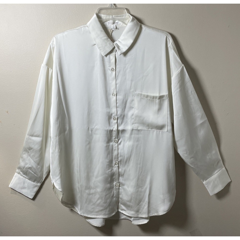 Blu Pepper Ivory Satin Long Sleeve Button Down Blouse NWT Women's Size Large